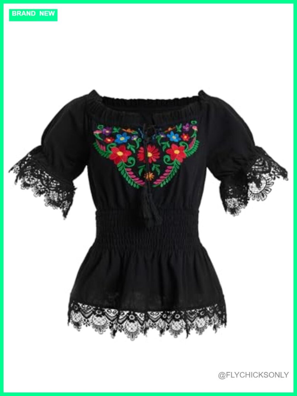 Mexican Floral Embroidered Peasant Tunic Top Cotton Bell Sleeve